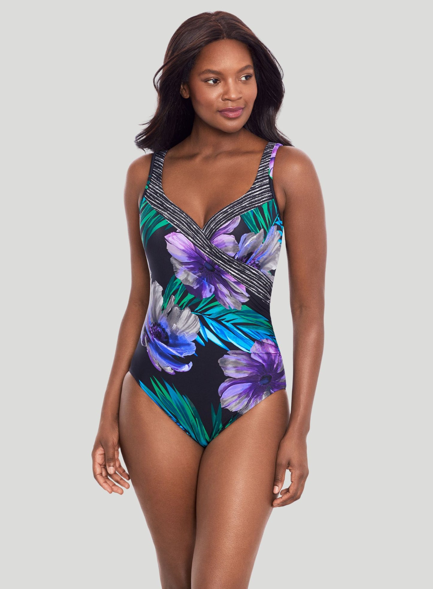 Miraclesuit Swimwear: Flora Aura Wrap Tummy Control One Piece Black Multi