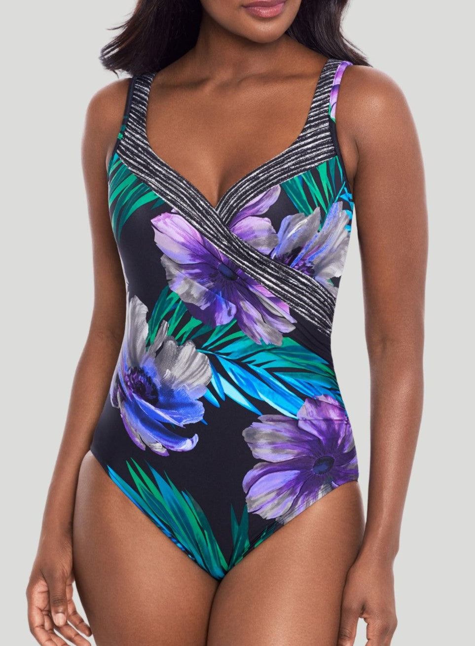 Miraclesuit Swimwear: Flora Aura Wrap Tummy Control One Piece Black Multi