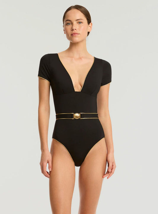 Sea Level: Piper Short Sleeve Plunge One Piece Black