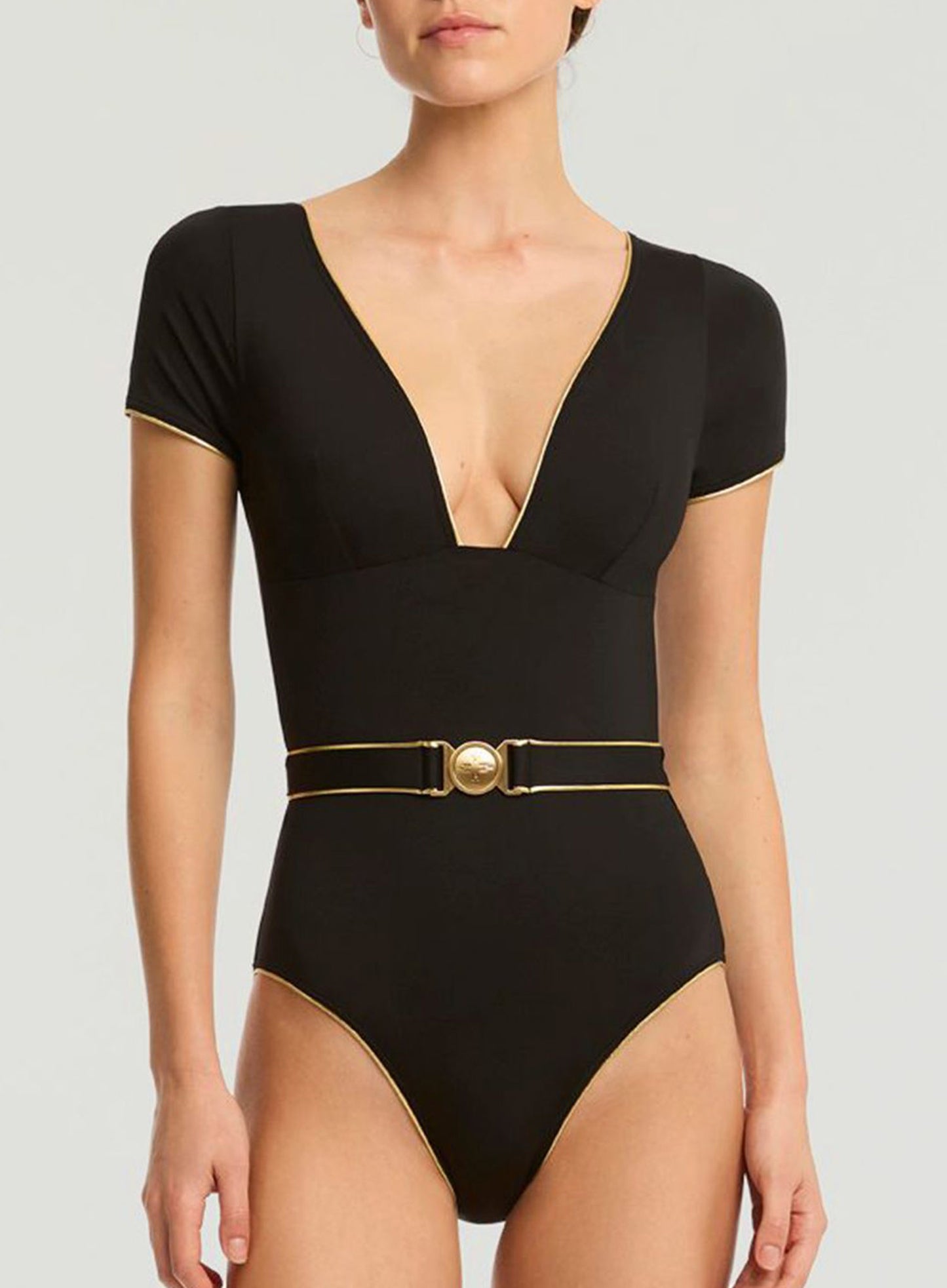 Sea Level: Piper Short Sleeve Plunge One Piece Black