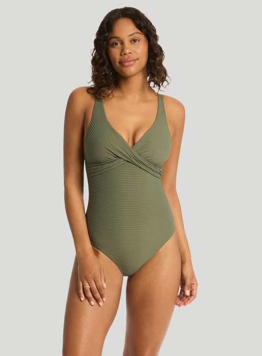 Sea Level: Spinnaker Cross Front Multifit One Piece Khaki